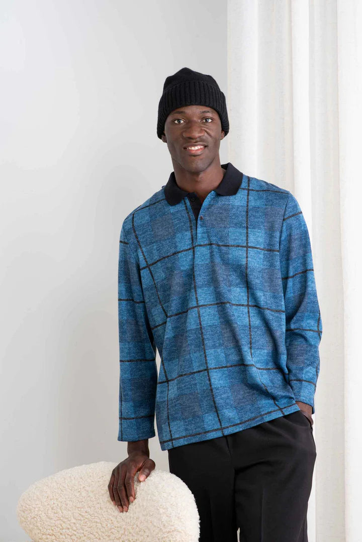 Men's Adaptive Long Sleeve Polo- Blue Plaid