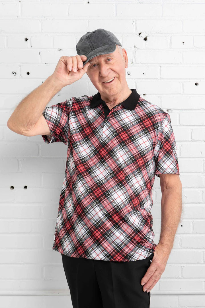 Men's Short Sleeve Adaptive Polo - Black/Red Plaid