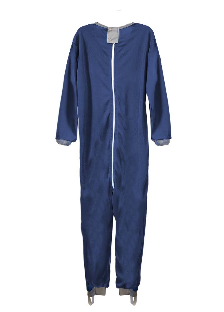 Adaptive long legs onesie designed for people suffering from dementia. A zipper on the back of the garment prevents the wearer from undressing.  A large, zippered crotch opening facilitates diaper changes.  Durable soft mesh knit dries quickly. Can be wor