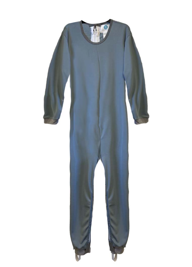 Adaptive long legs onesie designed for people suffering from dementia. A zipper on the back of the garment prevents the wearer from undressing.  A large, zippered crotch opening facilitates diaper changes.  Durable soft mesh knit dries quickly. Can be wor