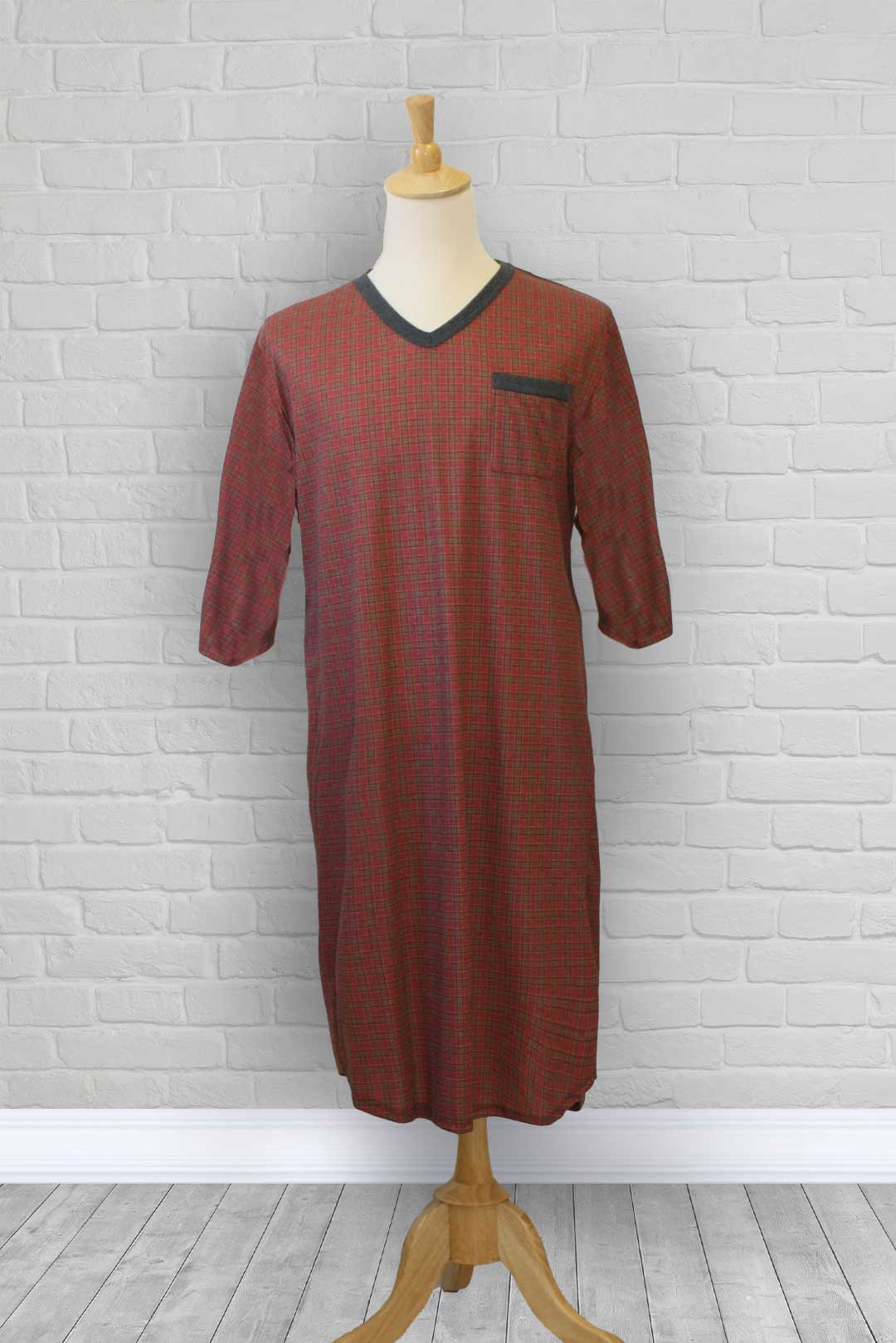 Adaptive nightshirt for men. Designed as a hospital gown, this soft knit is a blend of polyester and cotton.  Double panels prevent the garment from opening at the back. 