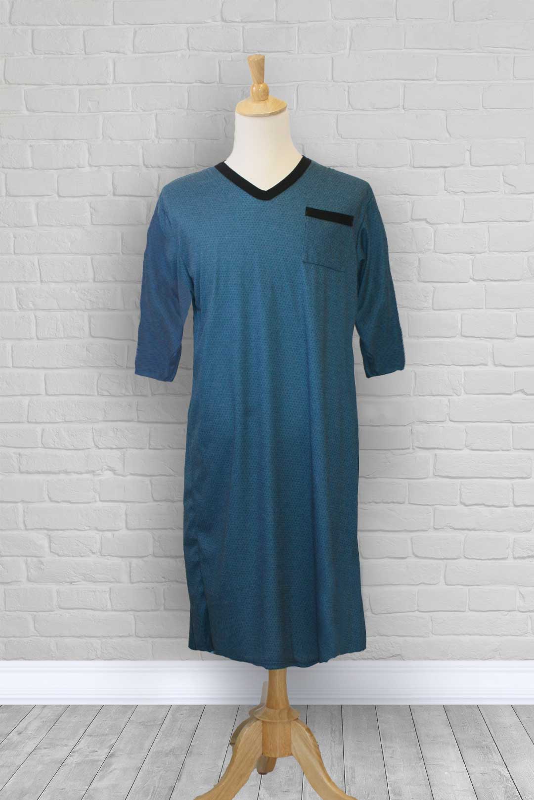 Adaptive nightshirt for men. Designed as a hospital gown, this soft knit is a blend of polyester and cotton.  Double panels prevent the garment from opening at the back. 