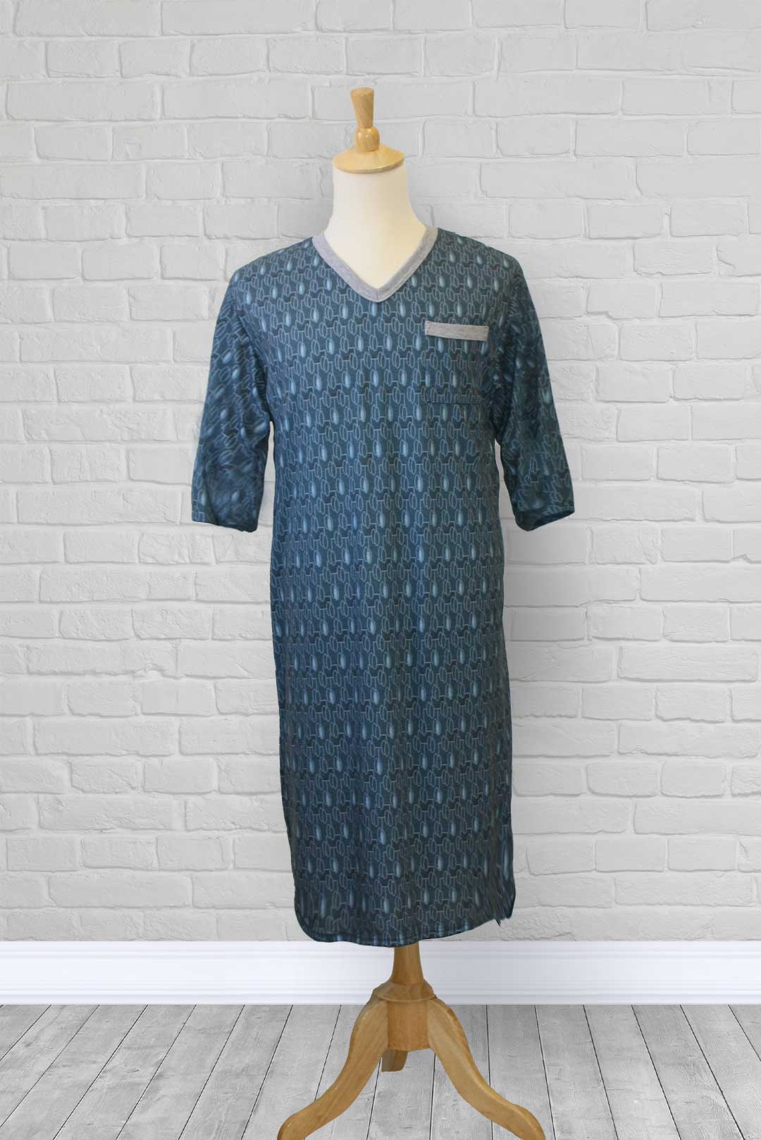 Adaptive nightshirt for men. Designed as a hospital gown, this soft knit is a blend of polyester and cotton.  Double panels prevent the garment from opening at the back. 
