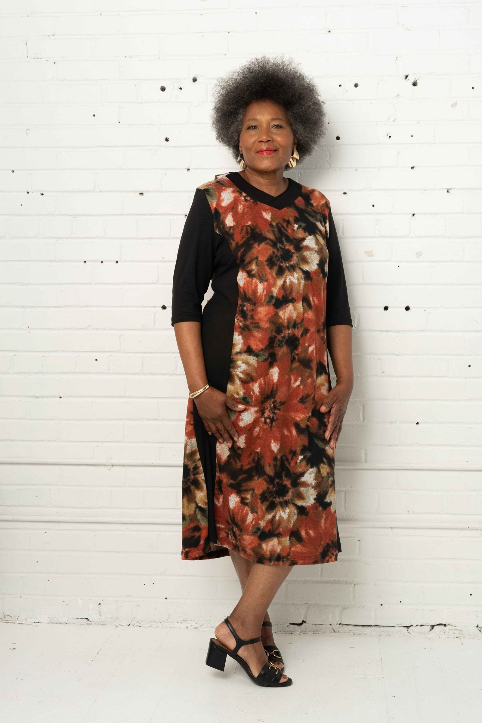 Adaptive Basic Dress, 3/4 Sleeves, Soft Knit, Wide Opening, Closes With A Snap Button