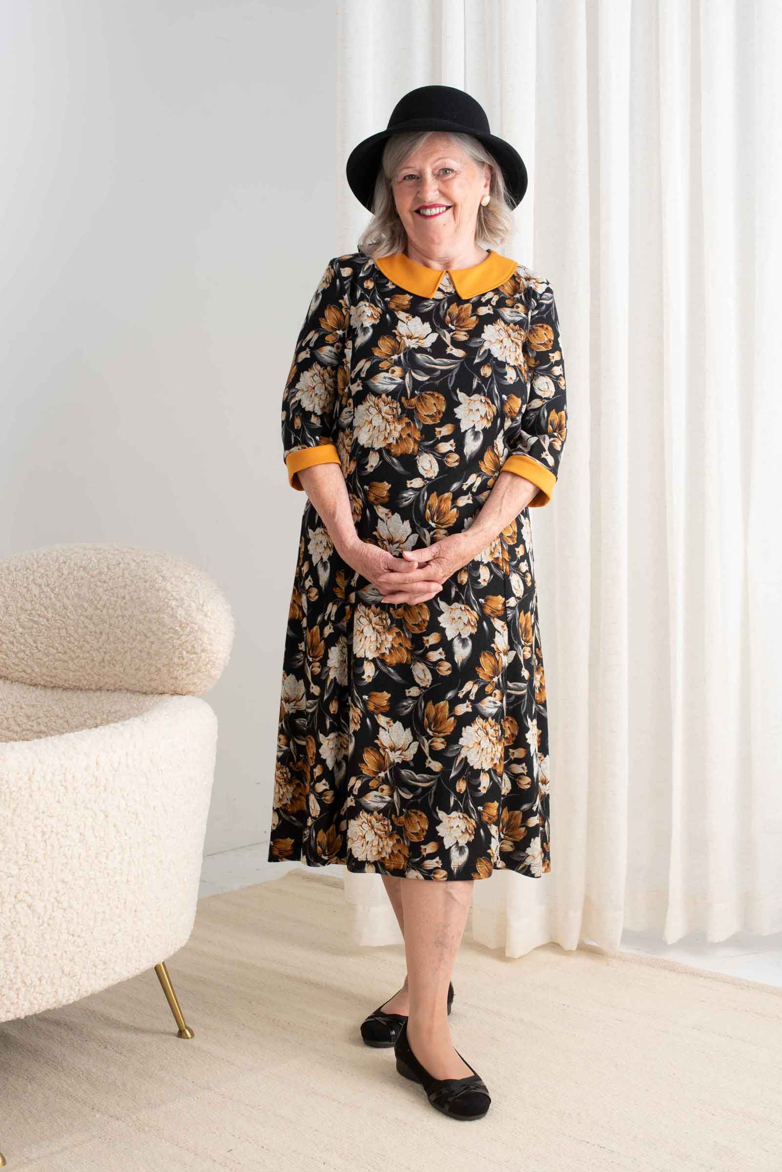 Adaptive Dress, Peter Pan Collar, 3/4 Sleeves, Soft Material, Wide Opening, Closes With A Metal Snap Button