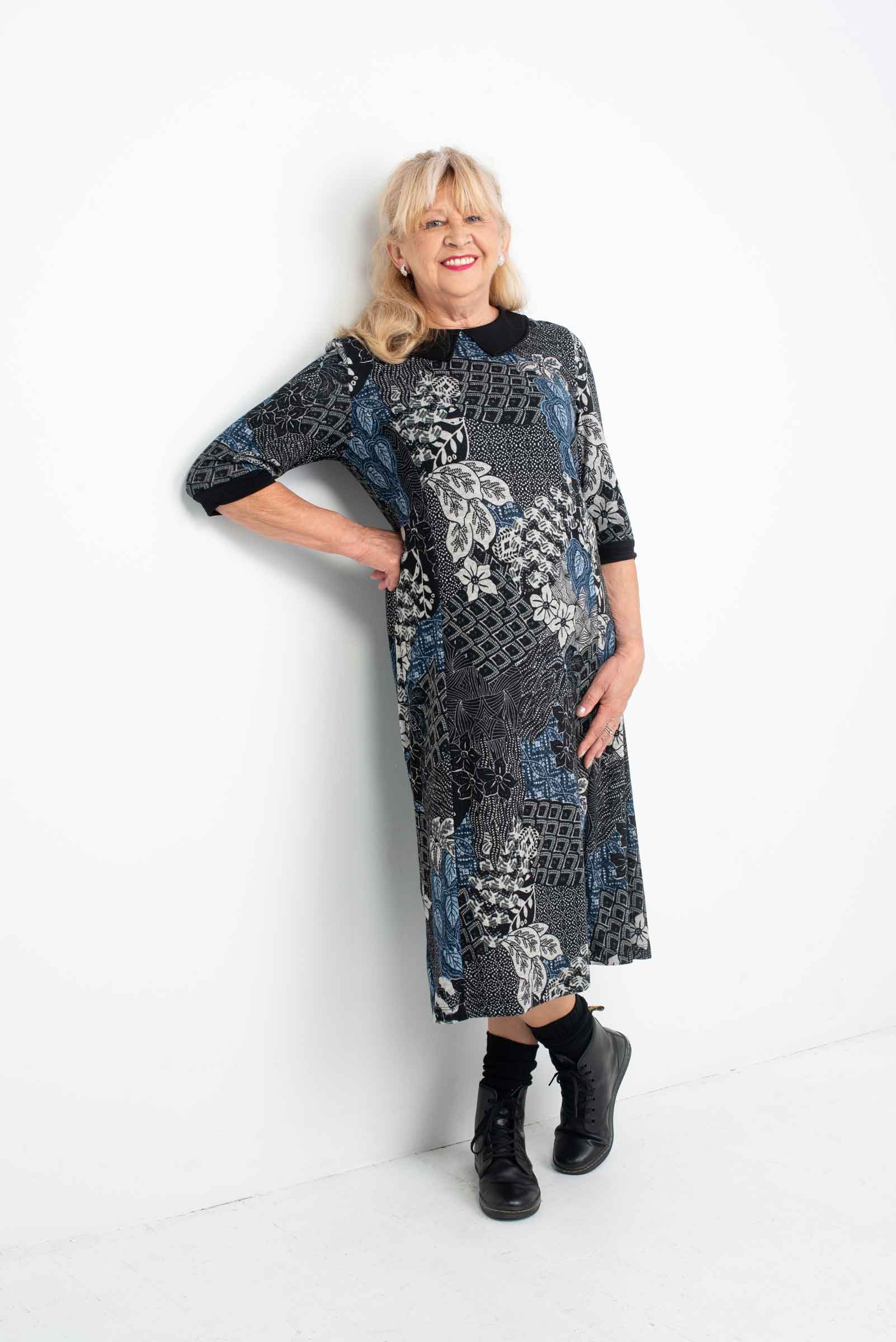 Adaptive Dress, Peter Pan Collar, 3/4 Sleeves, Soft Material, Wide Opening, Closes With A Metal Snap Button