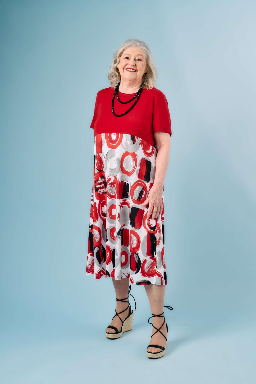 2DR831-2D106-Adaptive Dress, Round Neck, Solid Combo and Pattern