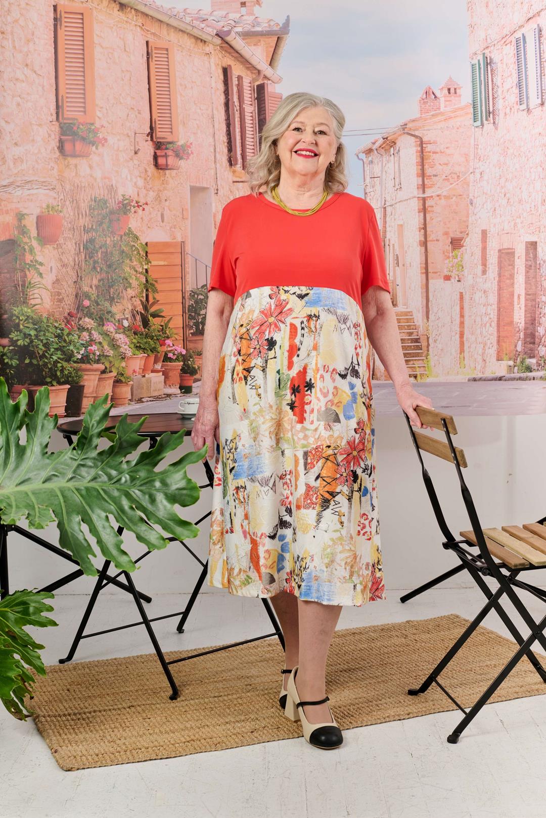 2DR831-2D107-Adaptive Dress, Round Neck, Solid Combo and Pattern