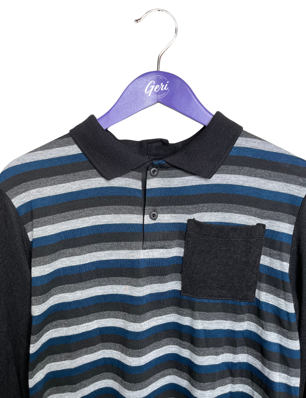Adaptive Long Sleeve Polo - Black, Teal & Grey Stripe