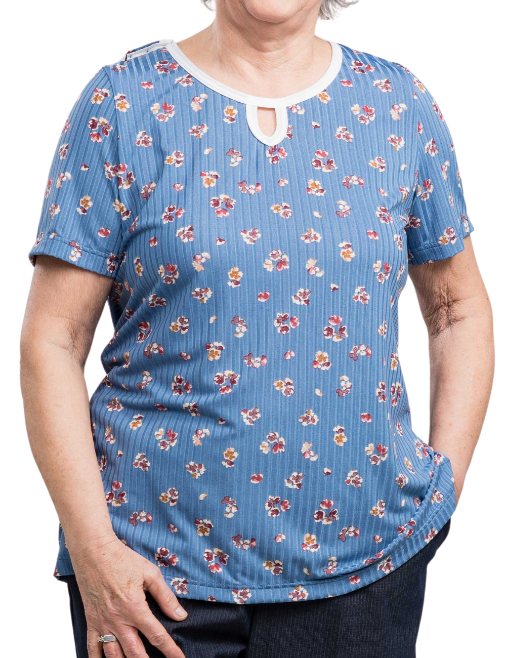 Adaptive Short Sleeve Blue Top with Mauve