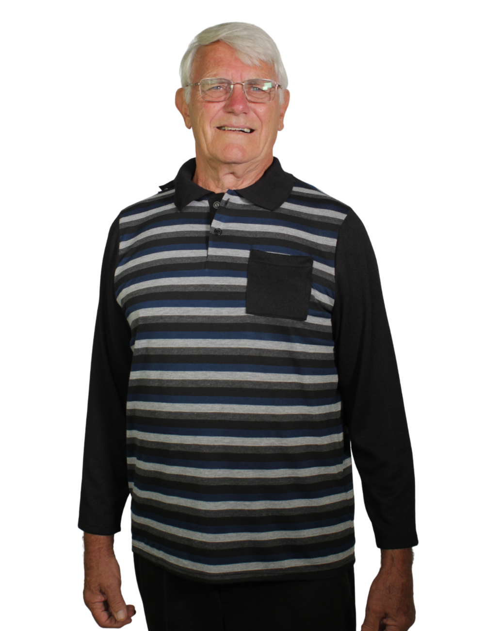Adaptive Long Sleeve Polo - Black, Teal & Grey Stripe